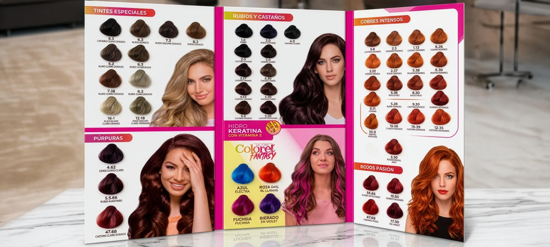 Carta de color abierta en un salón, junto a un maniquí con cabello de colores